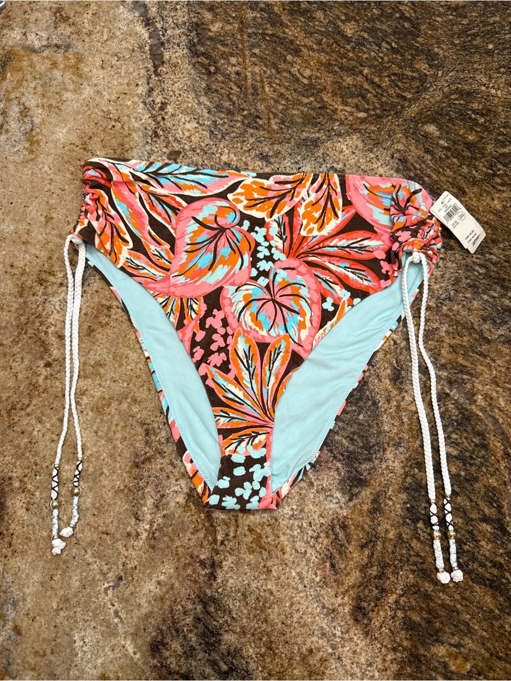 aerie Tropical Floral High-Waist Bikini Bottoms in Pink, Orange, Aqua, Brown